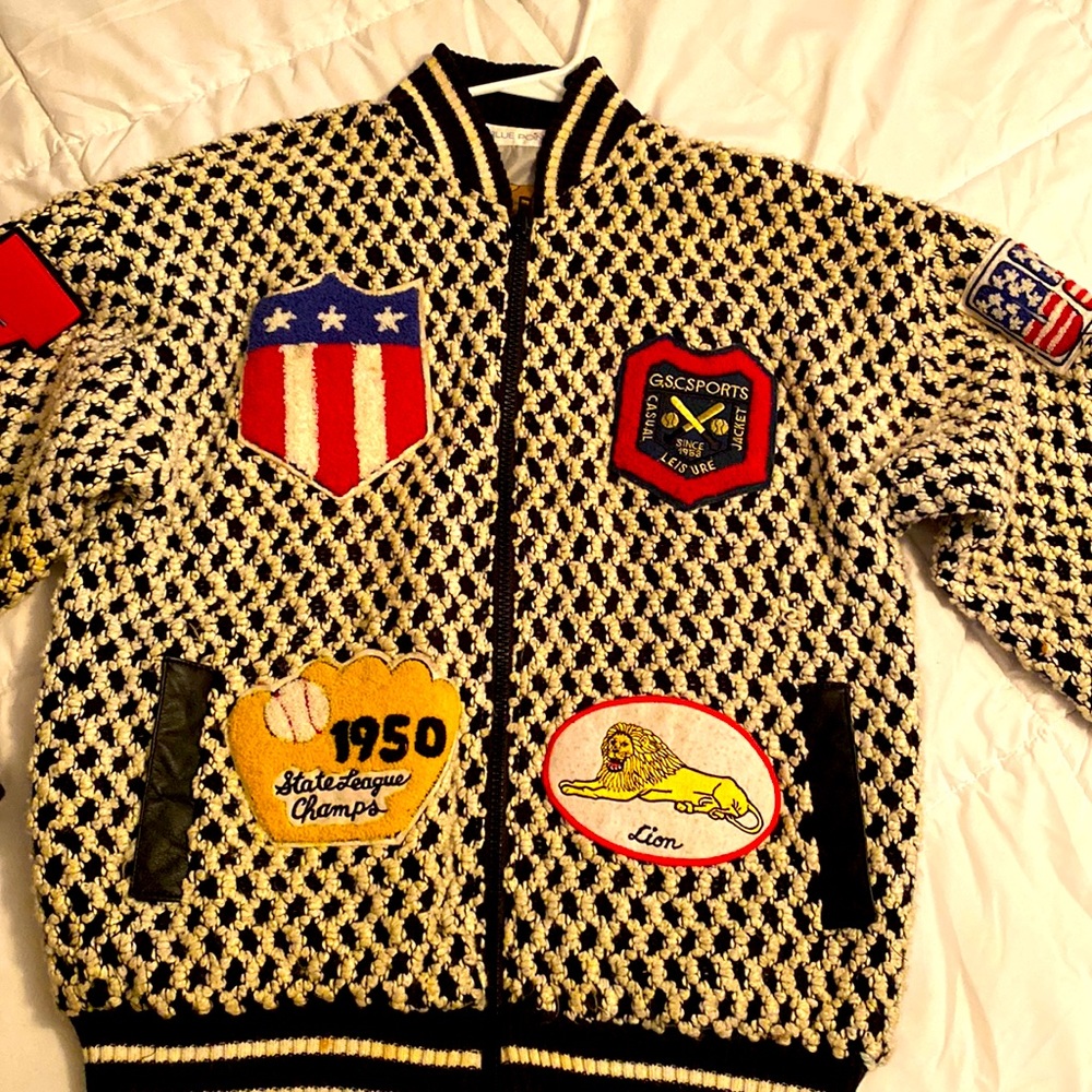 Vintage Blue Point Knit USA Patches Bomber Jacket